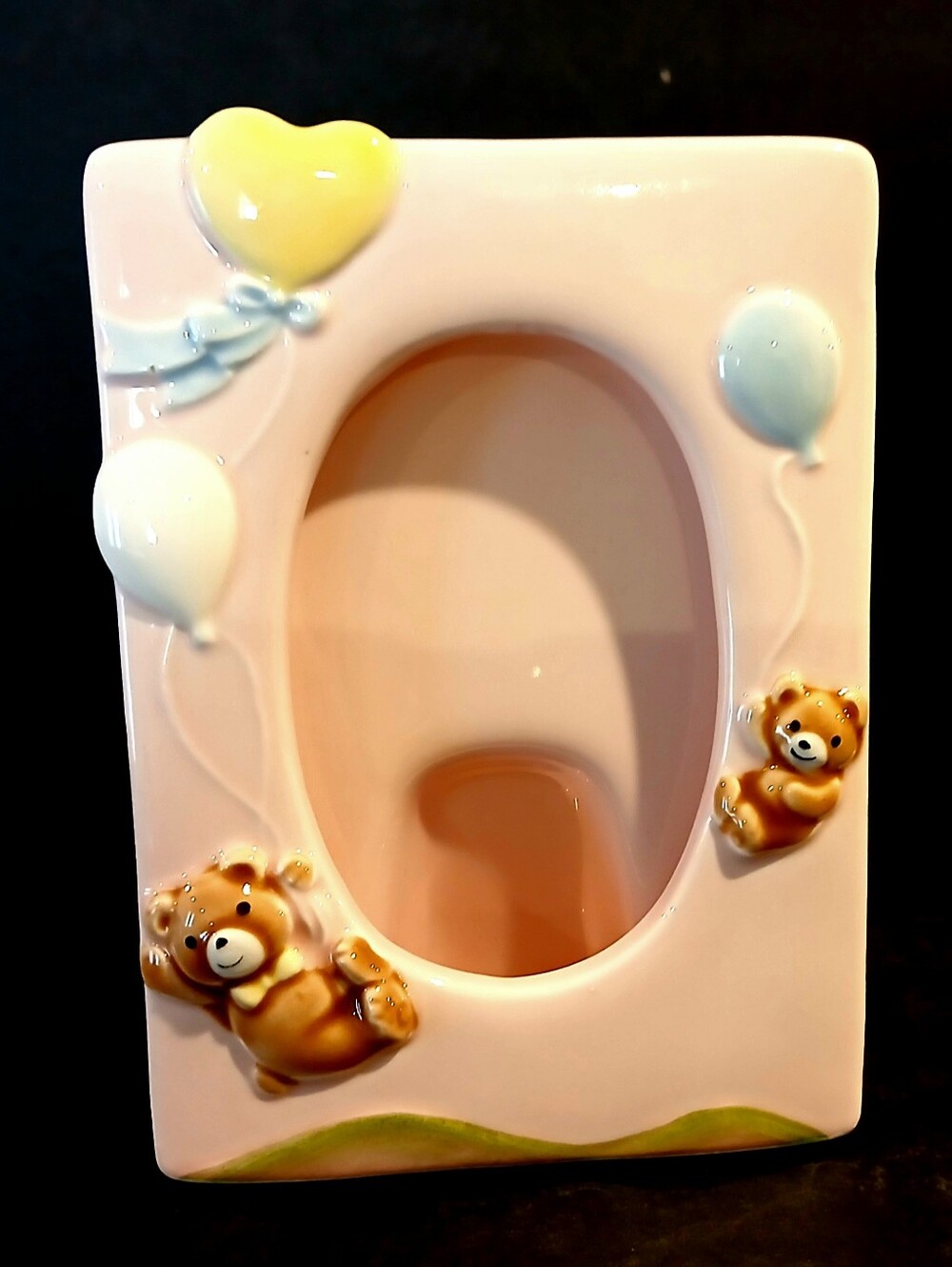Vintage Pink Ceramic Baby Frame with Teddy and Balloon Accents